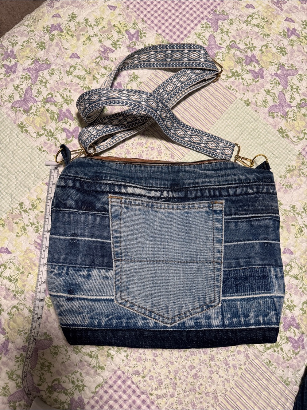 Denim Patch Crossbody Bag with Patterned Strap